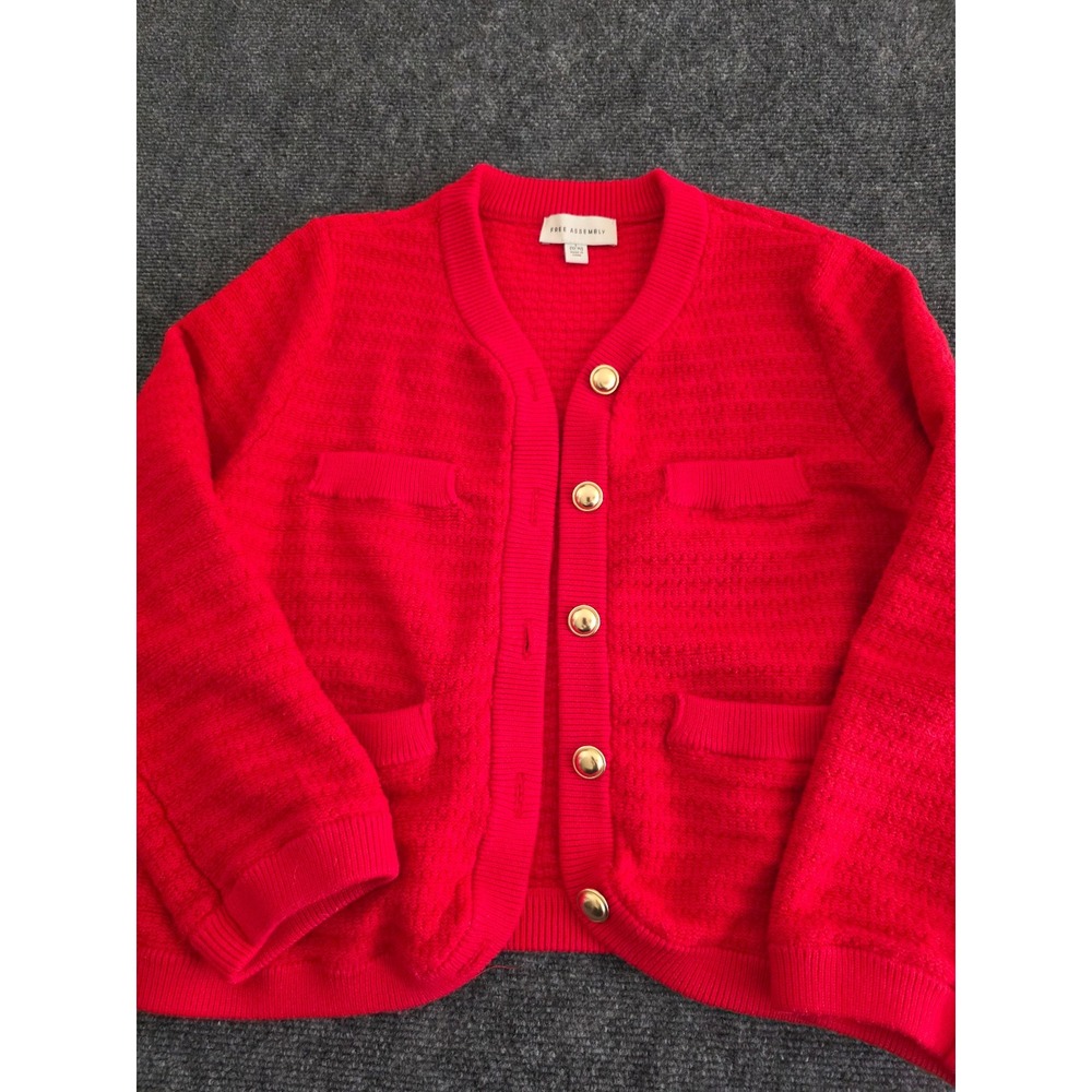 Free Assembly Women Red Textured Button Front Cardigan Sweater Gold Buttons L